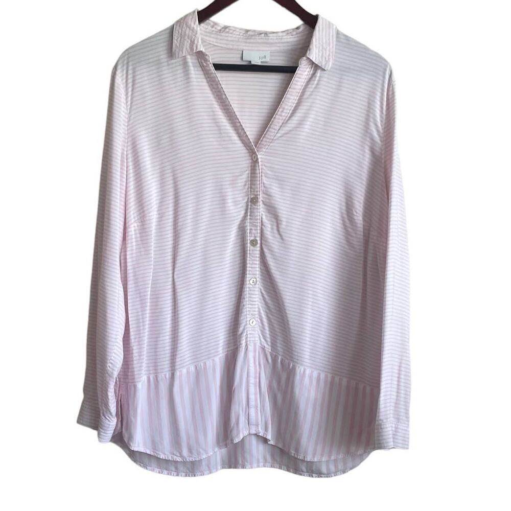 J Jill Women Tunic Top L Pink Striped Button Up Rayon Coastal Preppy Beachy